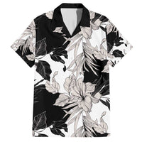 Black White Monotone Tropical Flowers Pattern Family Matching Off Shoulder Short Dress and Hawaiian Shirt - Polynesian Pride
