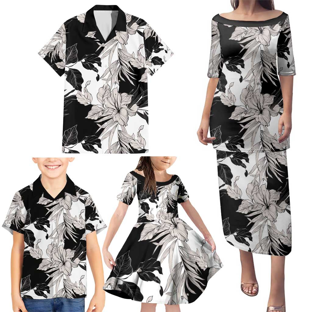 Black White Monotone Tropical Flowers Pattern Family Matching Puletasi and Hawaiian Shirt - Polynesian Pride