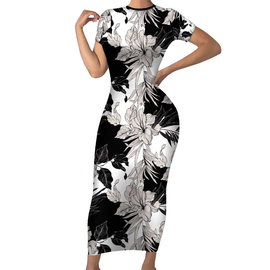 Black White Monotone Tropical Flowers Pattern Family Matching Short Sleeve Bodycon Dress and Hawaiian Shirt - Polynesian Pride