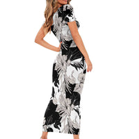 Black White Monotone Tropical Flowers Pattern Family Matching Short Sleeve Bodycon Dress and Hawaiian Shirt - Polynesian Pride