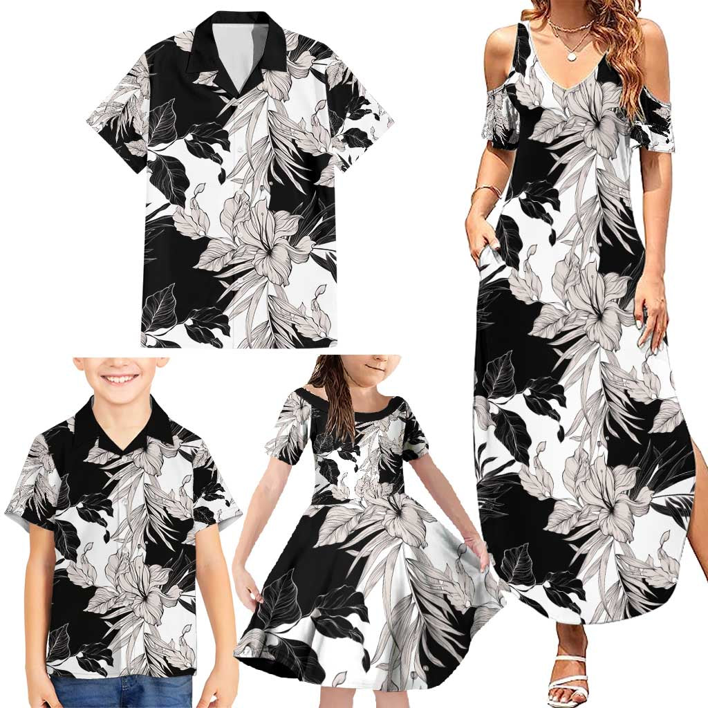 Black White Monotone Tropical Flowers Pattern Family Matching Summer Maxi Dress and Hawaiian Shirt LT01 - Polynesian Pride