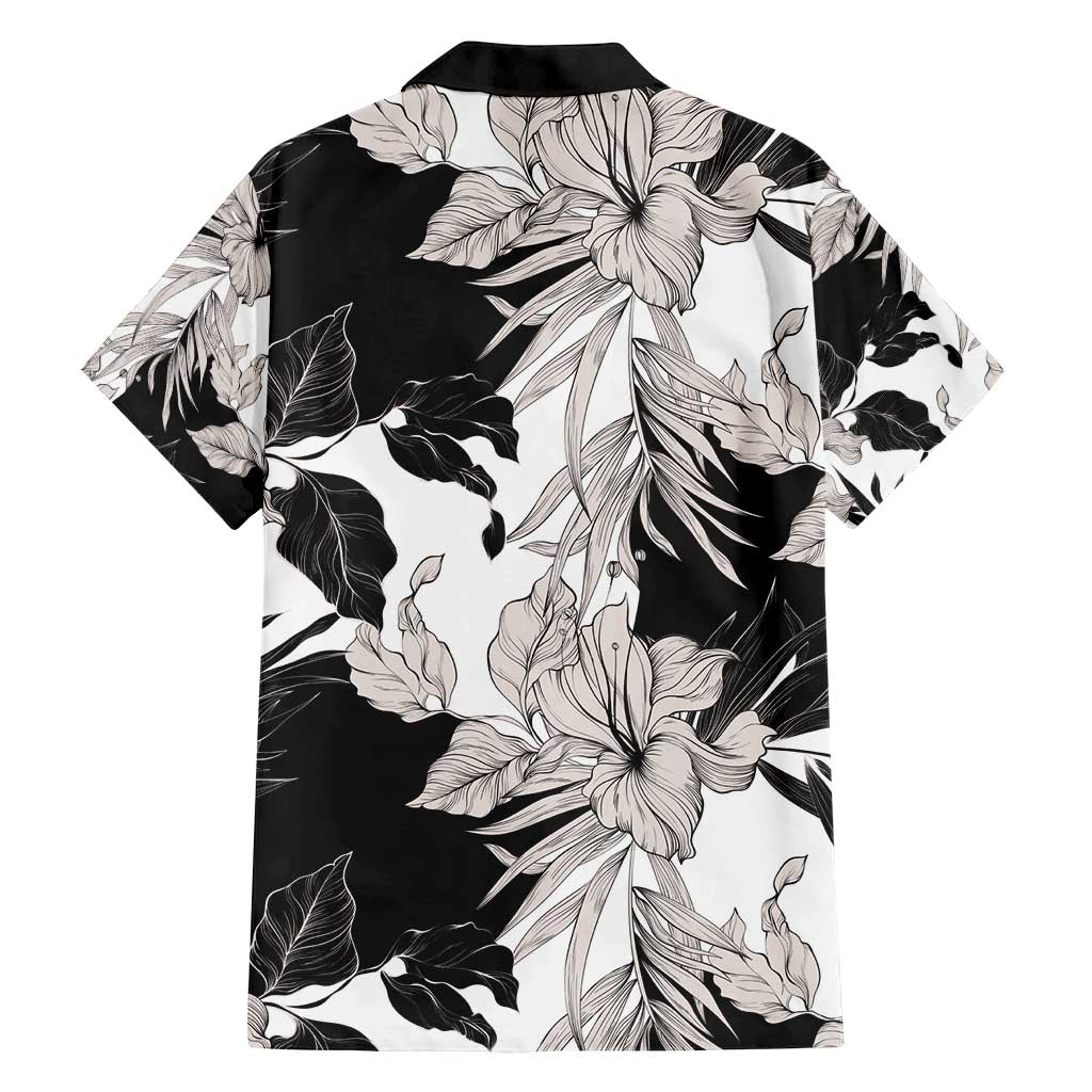 Black White Monotone Tropical Flowers Pattern Family Matching Tank Maxi Dress and Hawaiian Shirt - Polynesian Pride