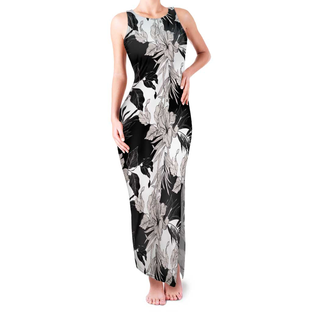 Black White Monotone Tropical Flowers Pattern Family Matching Tank Maxi Dress and Hawaiian Shirt - Polynesian Pride