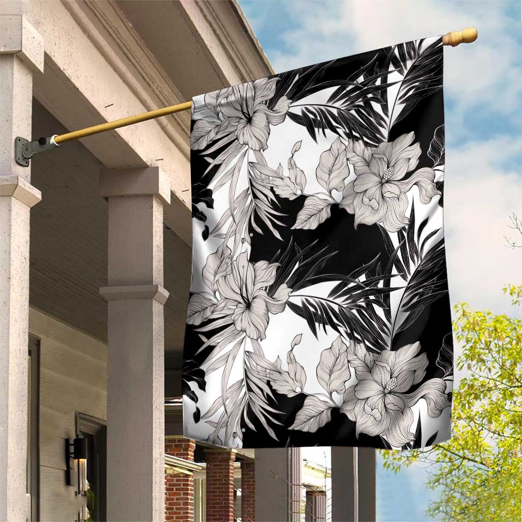 Black White Monotone Tropical Flowers Pattern Garden Flag LT01 House Flag Black - Polynesian Pride