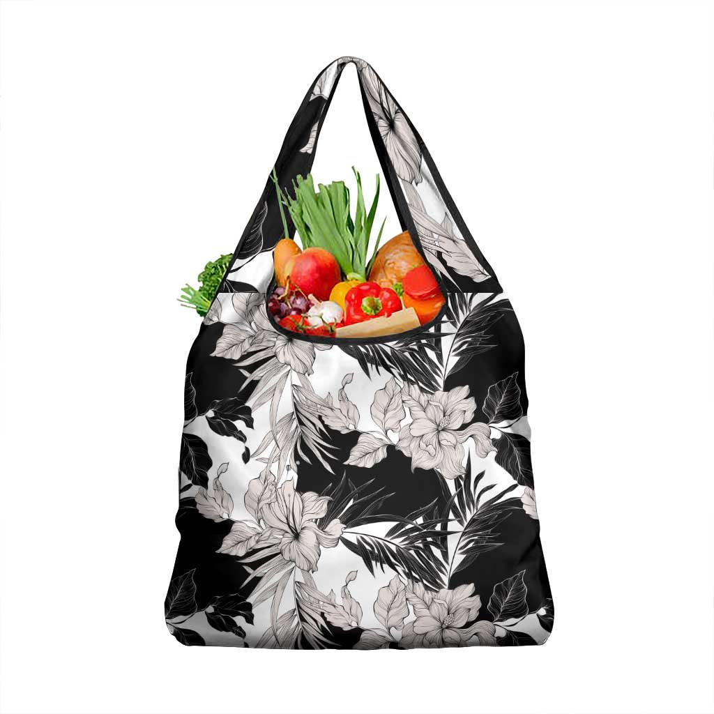Black White Monotone Tropical Flowers Pattern Grocery Bag LT01 1-pack One Size Black - Polynesian Pride