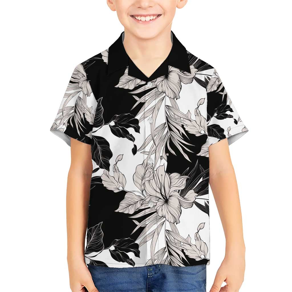Black White Monotone Tropical Flowers Pattern Hawaiian Shirt - Polynesian Pride