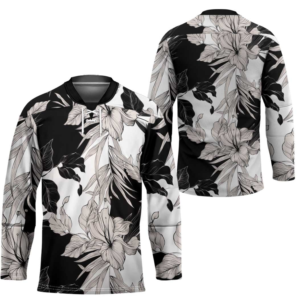 Black White Monotone Tropical Flowers Pattern Hockey Jersey - Polynesian Pride