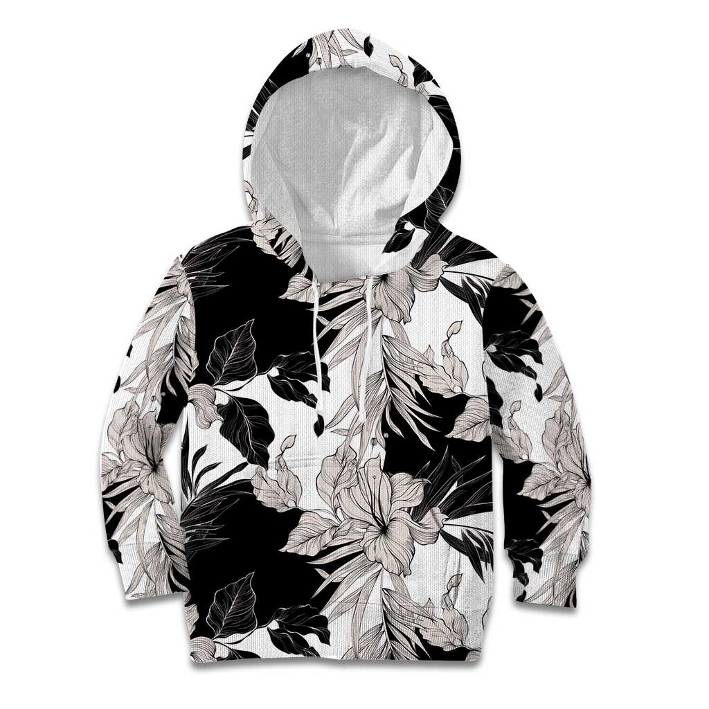 Black White Monotone Tropical Flowers Pattern Kid Hoodie LT01 Hoodie Black - Polynesian Pride