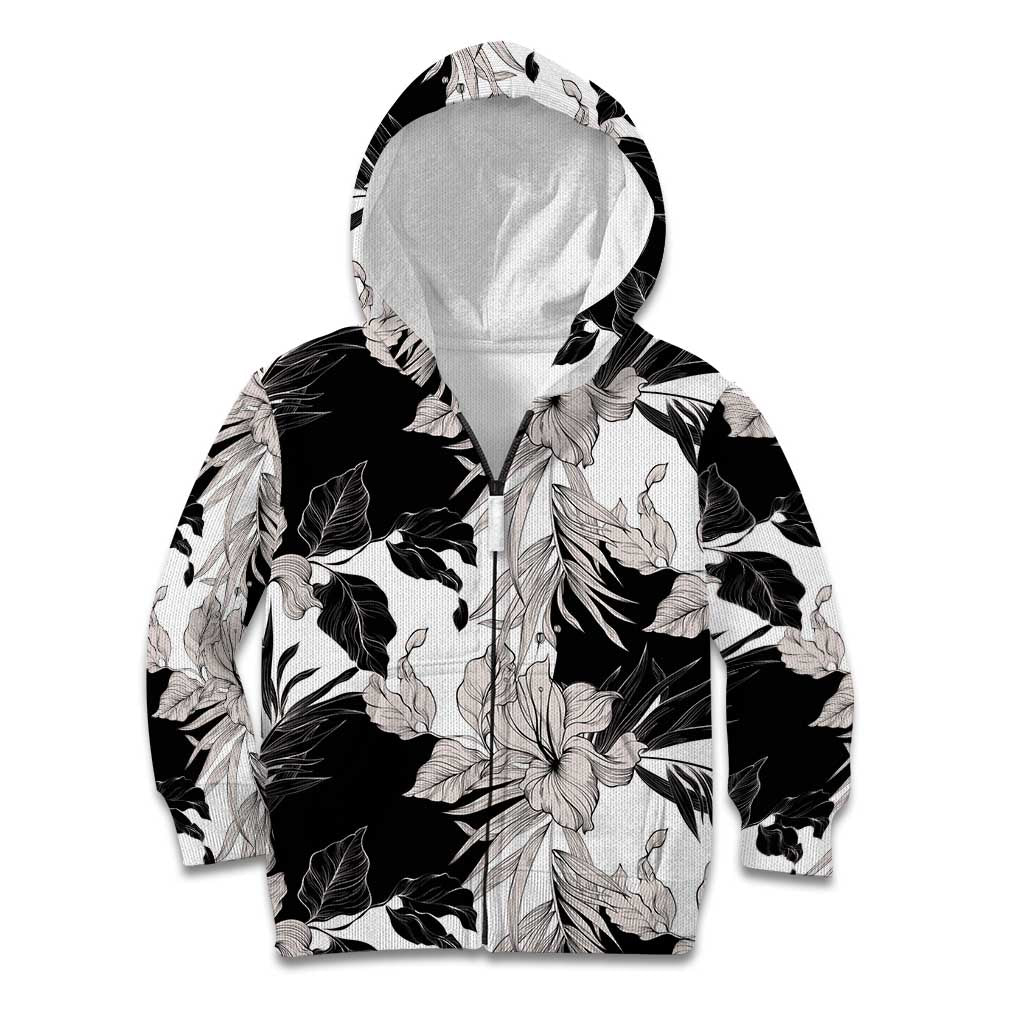 Black White Monotone Tropical Flowers Pattern Kid Hoodie LT01 Zip Hoodie Black - Polynesian Pride