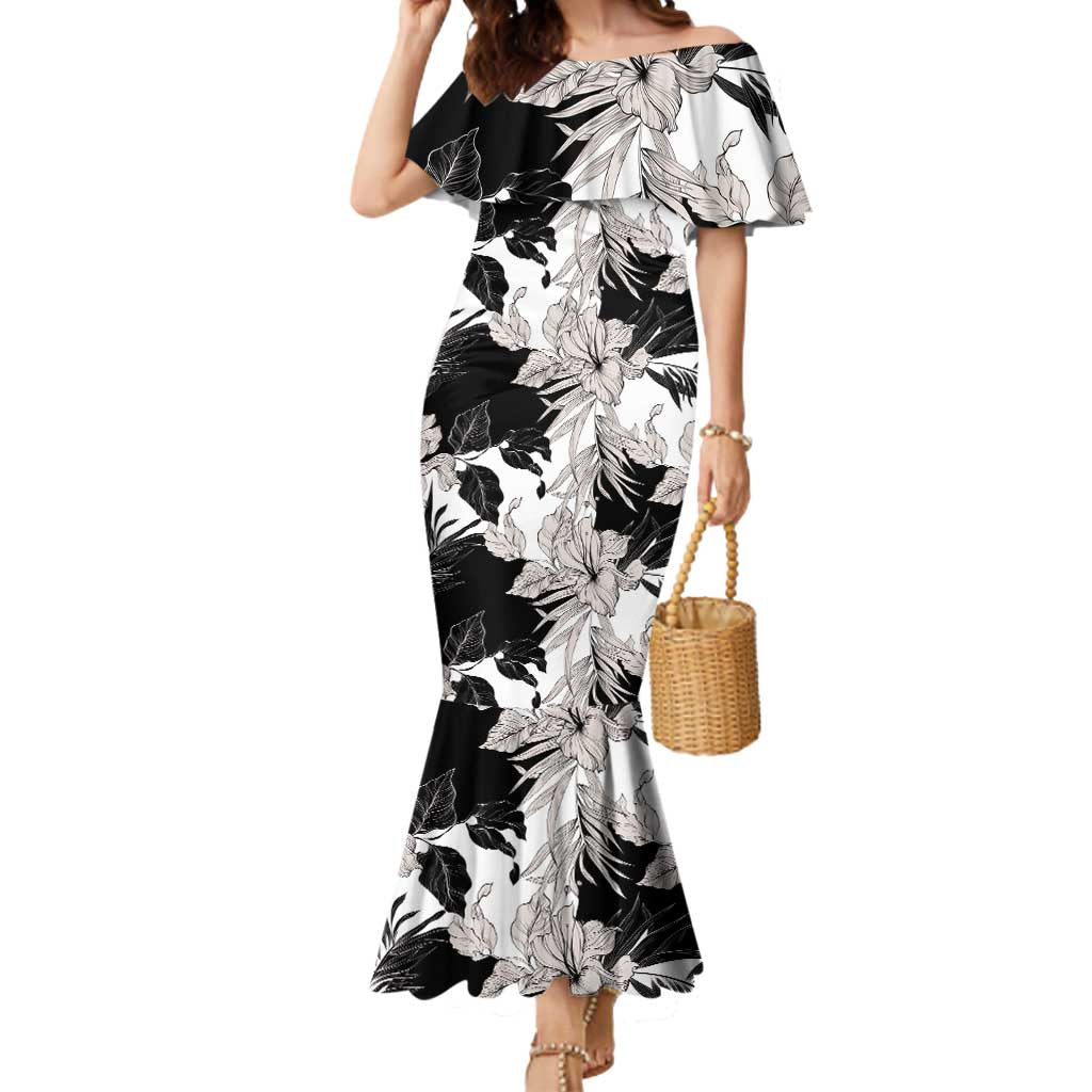 Black White Monotone Tropical Flowers Pattern Mermaid Dress LT01 Women Black - Polynesian Pride