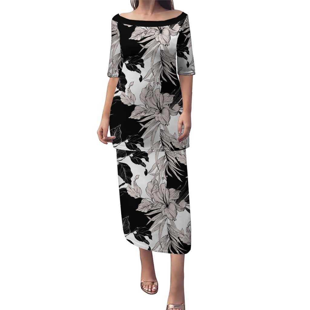 Black White Monotone Tropical Flowers Pattern Puletasi - Polynesian Pride