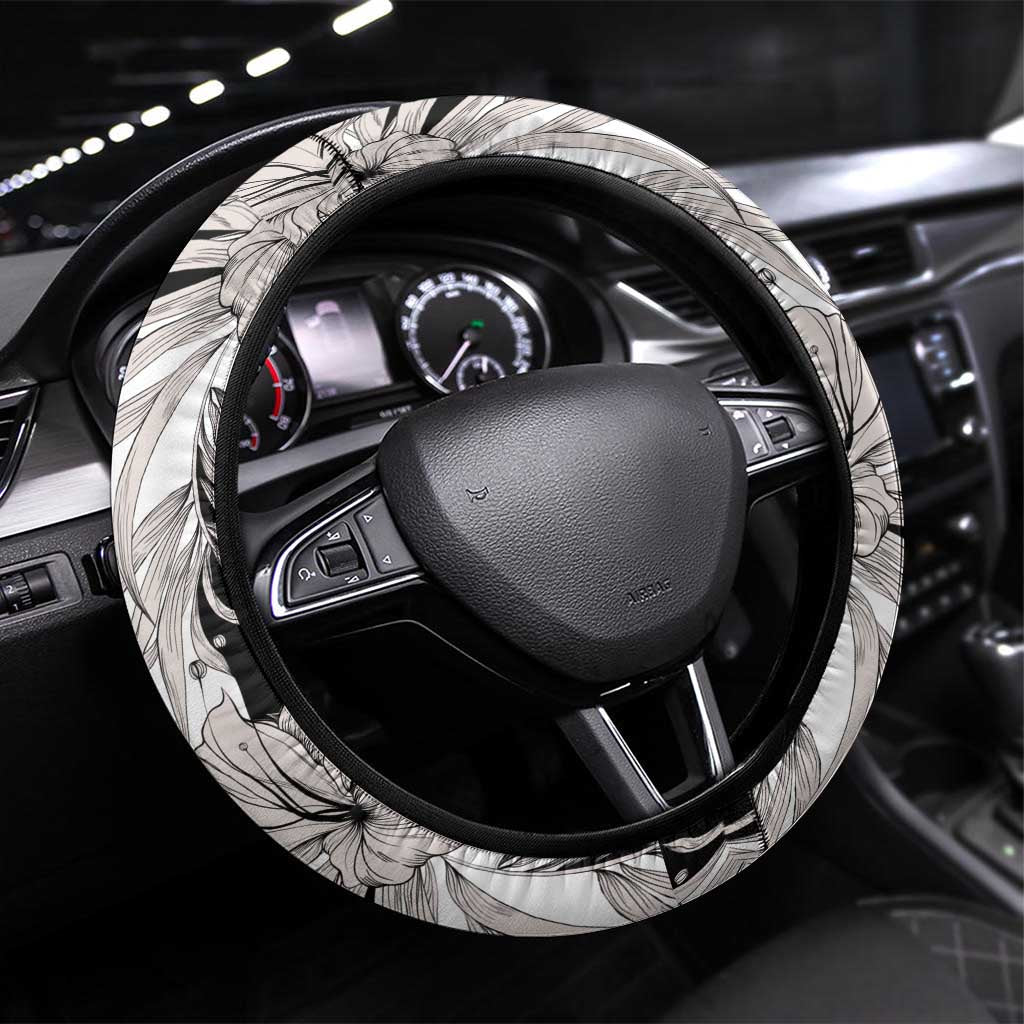 Black White Monotone Tropical Flowers Pattern Steering Wheel Cover - Polynesian Pride