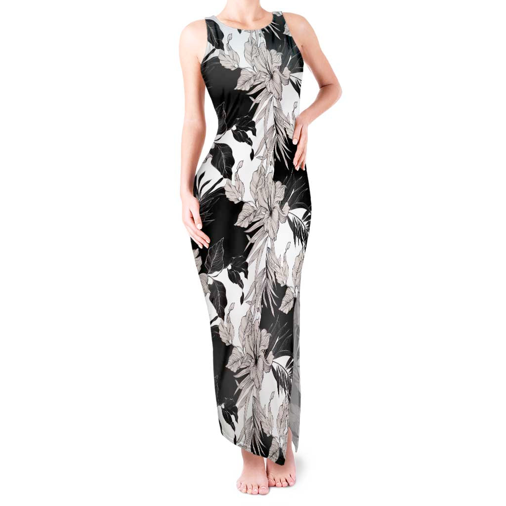 Black White Monotone Tropical Flowers Pattern Tank Maxi Dress LT01 Women Black - Polynesian Pride