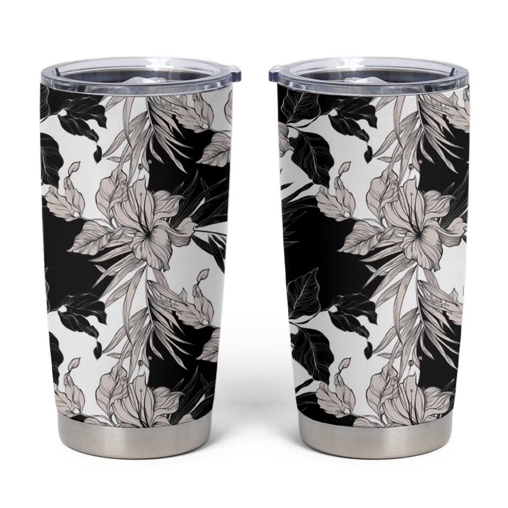 Black White Monotone Tropical Flowers Pattern Tumbler Cup LT01 Black - Polynesian Pride