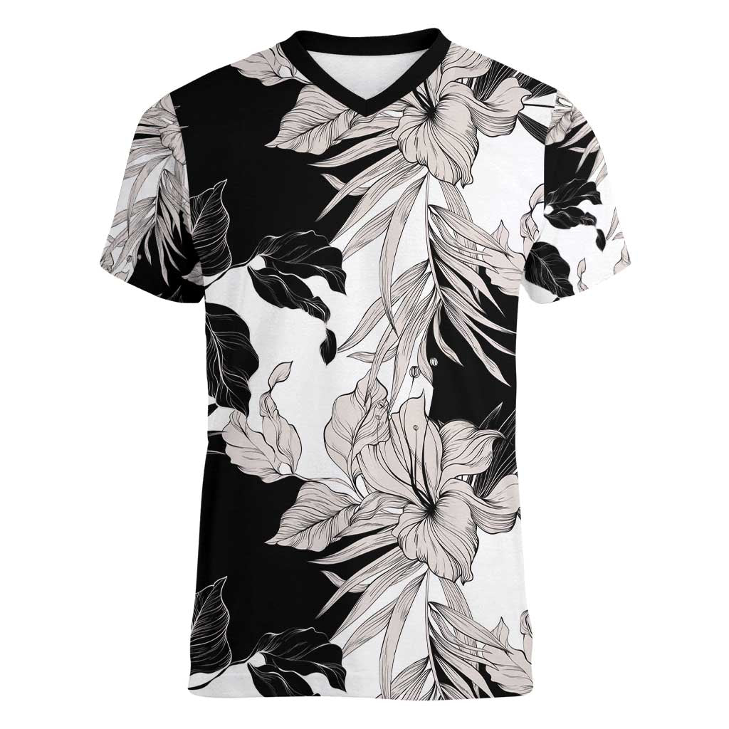 Black White Monotone Tropical Flowers Pattern Women V-Neck T-Shirt LT01 Female Black - Polynesian Pride