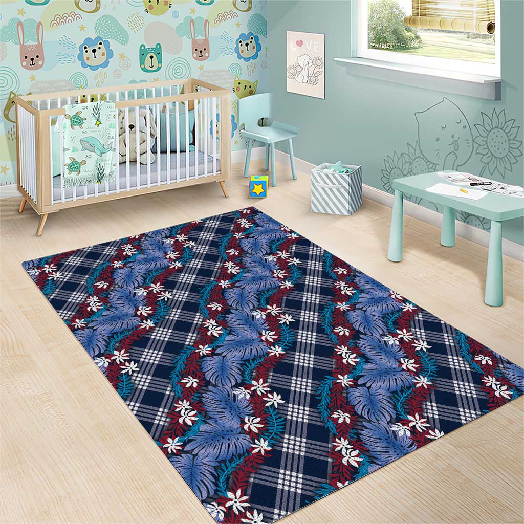 Polynesian Monstera Tiare Floral Area Rug Royal Blue Tropical Plaid - Polynesian Pride