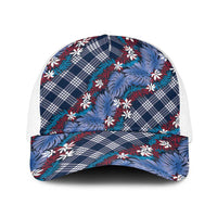 Polynesian Monstera Tiare Floral Baseball Net Cap Royal Blue Tropical Plaid - Polynesian Pride