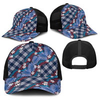 Polynesian Monstera Tiare Floral Baseball Net Cap Royal Blue Tropical Plaid - Polynesian Pride