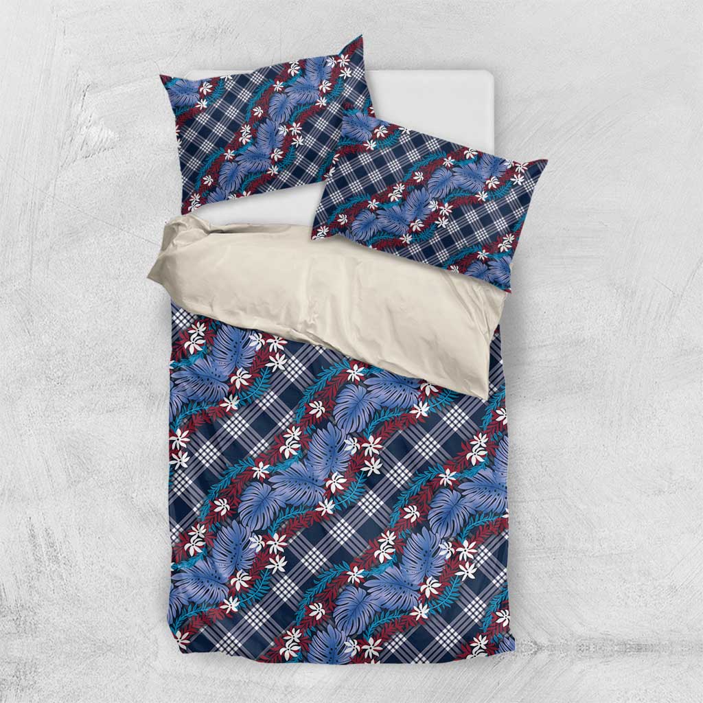 Polynesian Monstera Tiare Floral Bedding Set Royal Blue Tropical Plaid - Polynesian Pride