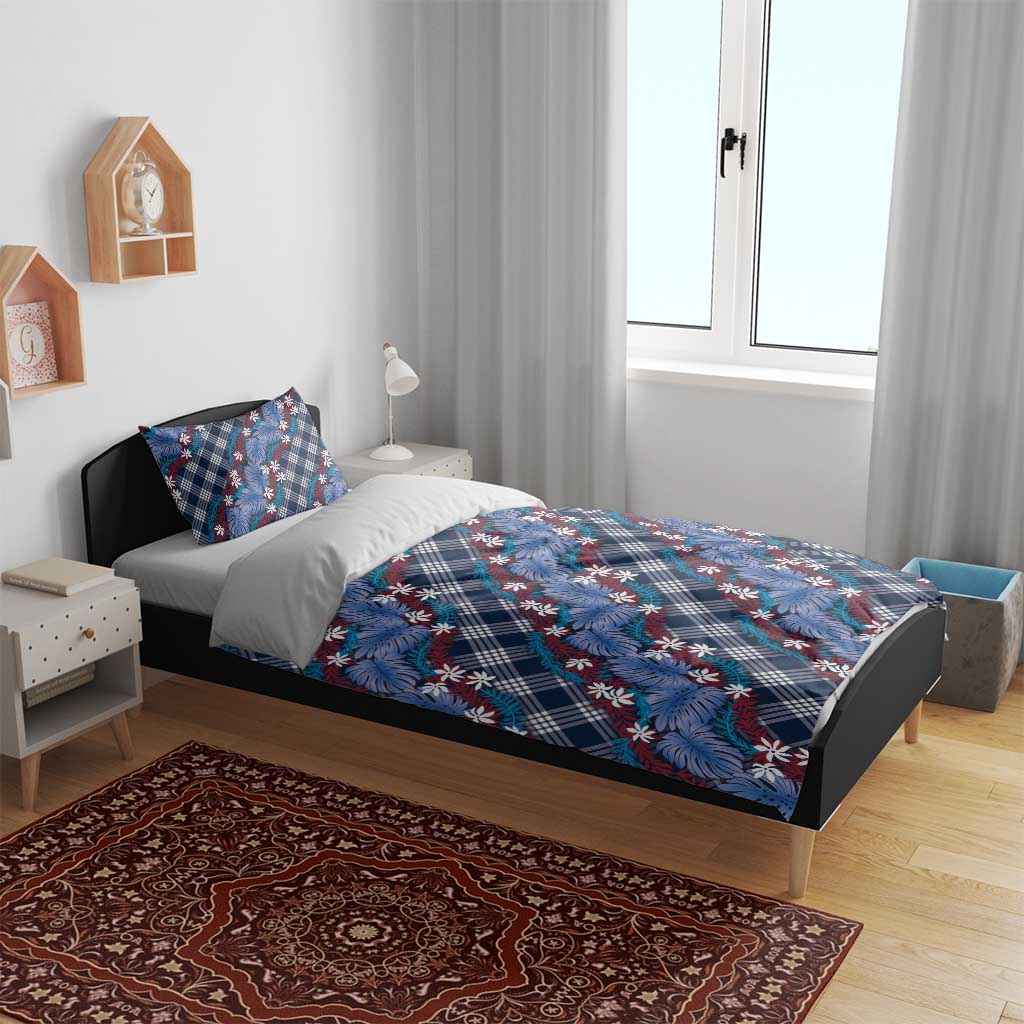 Polynesian Monstera Tiare Floral Bedding Set Royal Blue Tropical Plaid - Polynesian Pride
