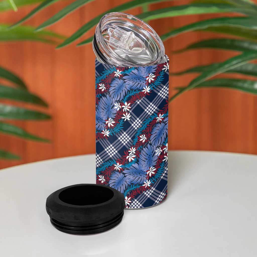 Polynesian Monstera Tiare Floral 4 in 1 Can Cooler Tumbler Royal Blue Tropical Plaid - Polynesian Pride