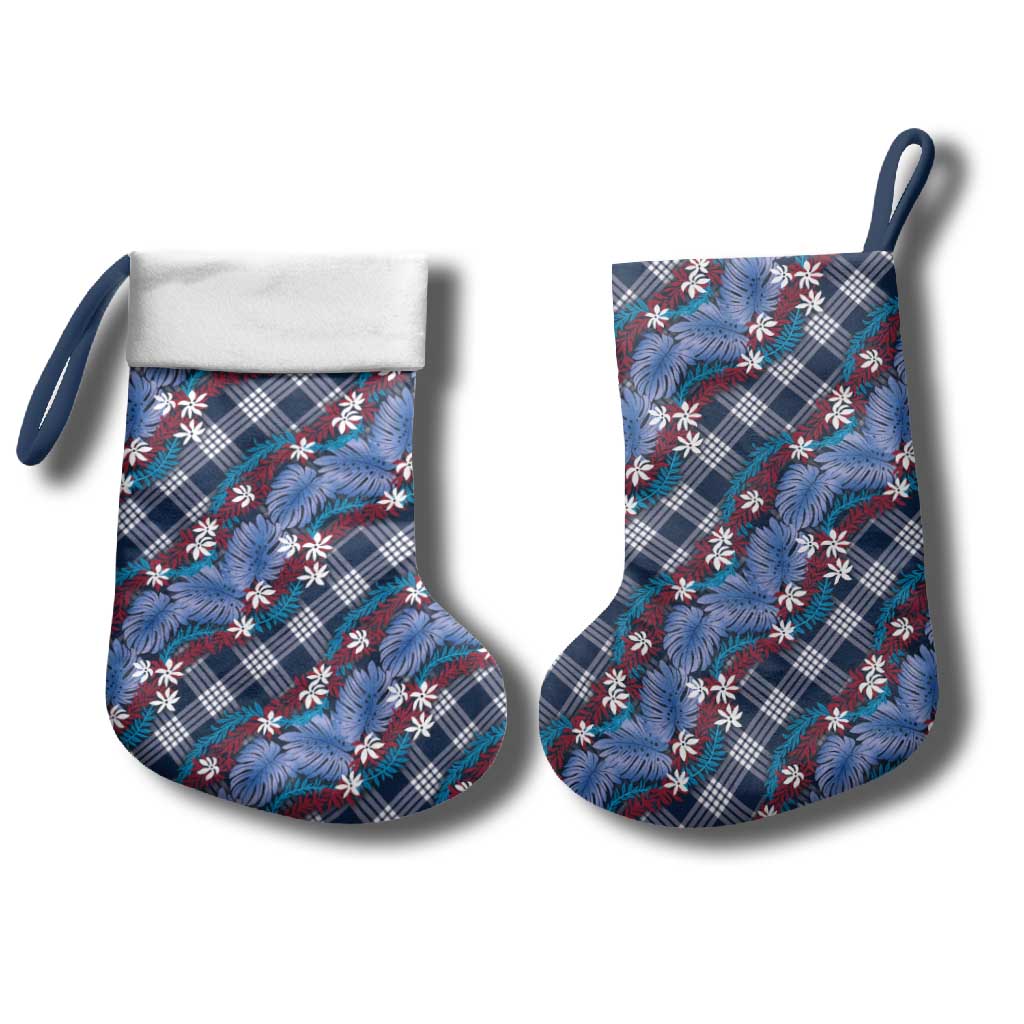 Polynesian Monstera Tiare Floral Christmas Stocking Royal Blue Tropical Plaid - Polynesian Pride