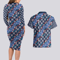 Polynesian Monstera Tiare Floral Couples Matching Long Sleeve Bodycon Dress and Hawaiian Shirt Royal Blue Tropical Plaid LT01 - Polynesian Pride