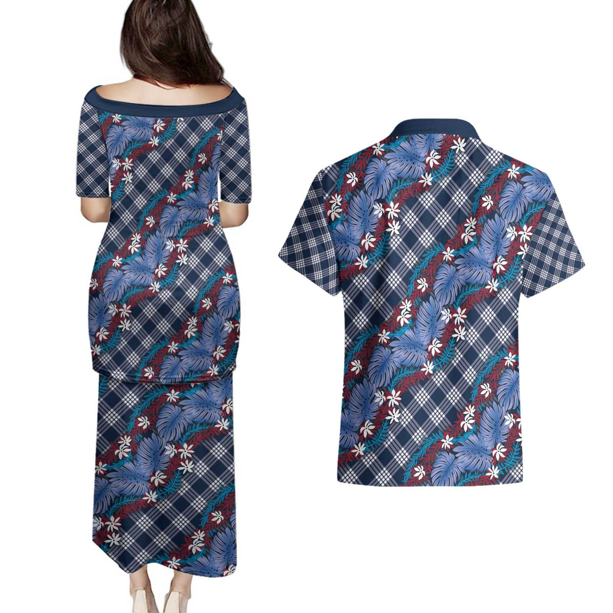 Polynesian Monstera Tiare Floral Couples Matching Puletasi and Hawaiian Shirt Royal Blue Tropical Plaid - Polynesian Pride