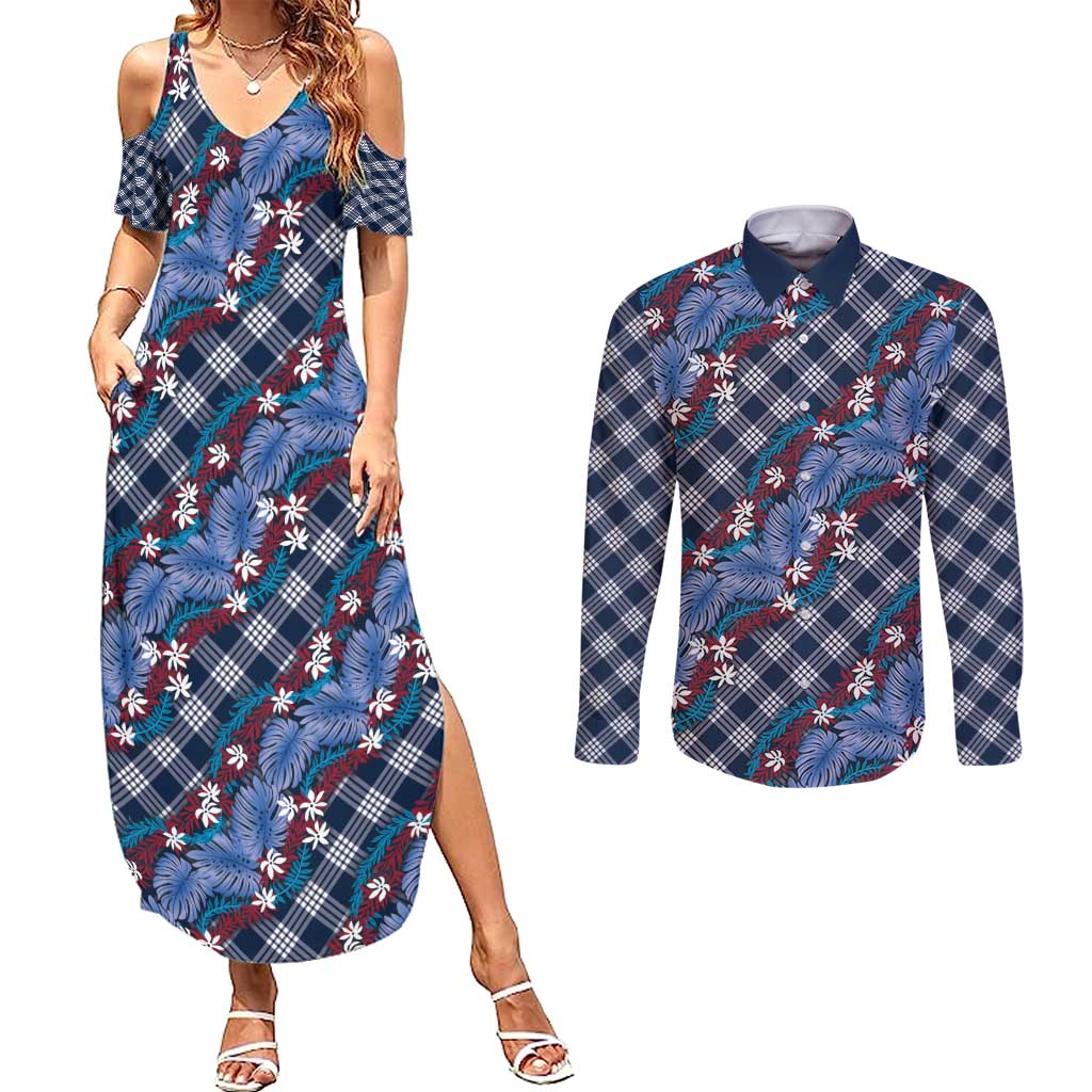 Polynesian Monstera Tiare Floral Couples Matching Summer Maxi Dress and Long Sleeve Button Shirt Royal Blue Tropical Plaid - Polynesian Pride