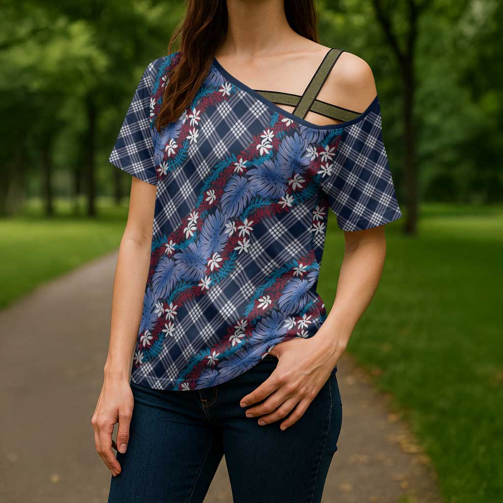 Polynesian Monstera Tiare Floral Cross Shoulder Shirt Royal Blue Tropical Plaid - Polynesian Pride