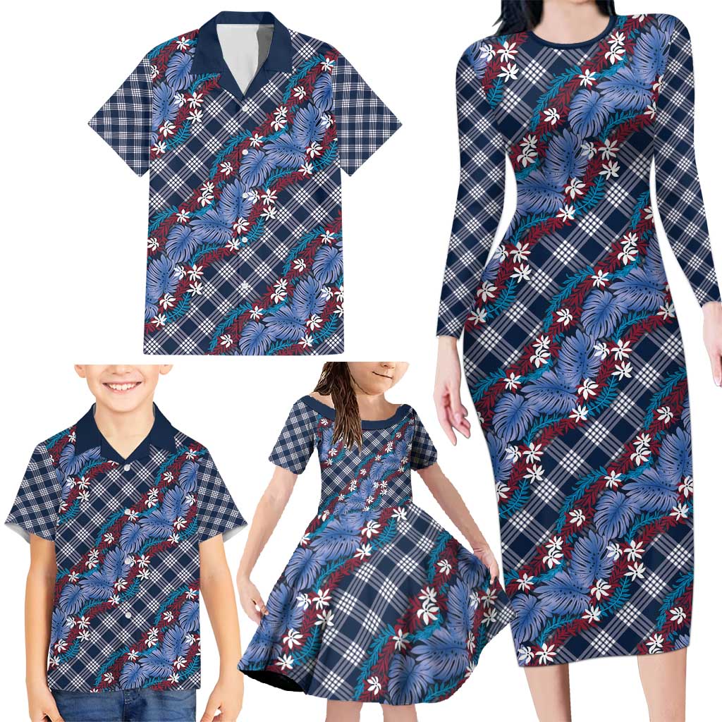 Polynesian Monstera Tiare Floral Family Matching Long Sleeve Bodycon Dress and Hawaiian Shirt Royal Blue Tropical Plaid LT01 - Polynesian Pride