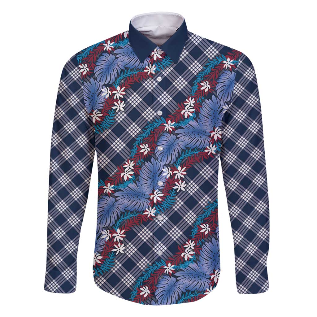 Polynesian Monstera Tiare Floral Family Matching Mermaid Dress and Hawaiian Shirt Royal Blue Tropical Plaid LT01 Dad's Shirt - Long Sleeve Blue - Polynesian Pride