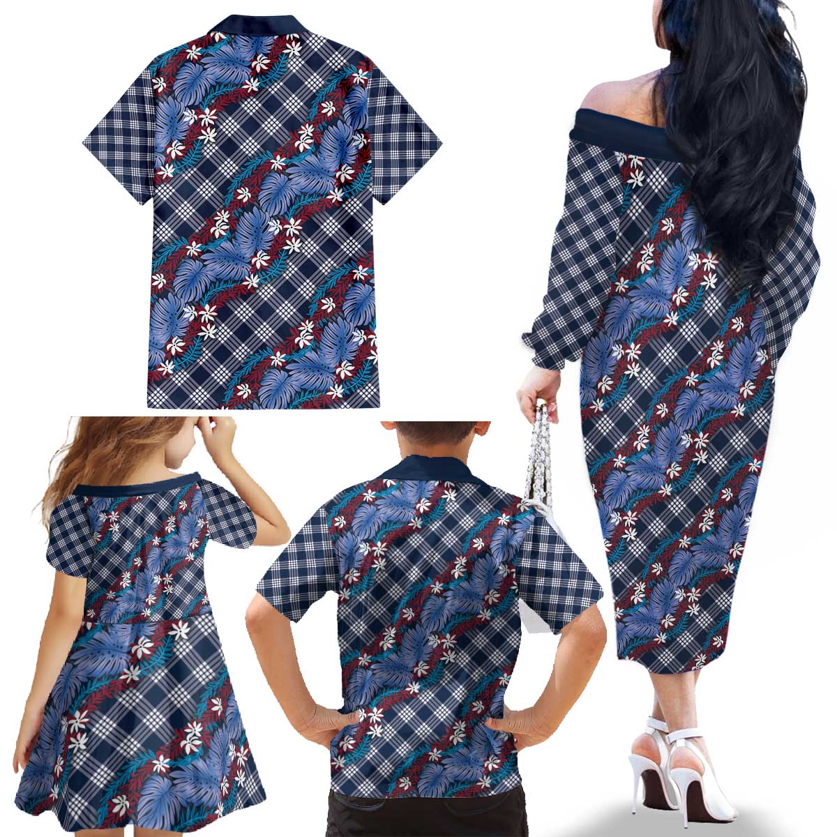 Polynesian Monstera Tiare Floral Family Matching Off The Shoulder Long Sleeve Dress and Hawaiian Shirt Royal Blue Tropical Plaid LT01 - Polynesian Pride