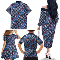Polynesian Monstera Tiare Floral Family Matching Off The Shoulder Long Sleeve Dress and Hawaiian Shirt Royal Blue Tropical Plaid LT01 - Polynesian Pride