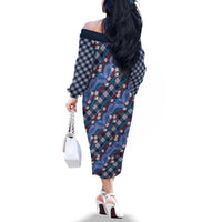 Polynesian Monstera Tiare Floral Family Matching Off The Shoulder Long Sleeve Dress and Hawaiian Shirt Royal Blue Tropical Plaid LT01 - Polynesian Pride