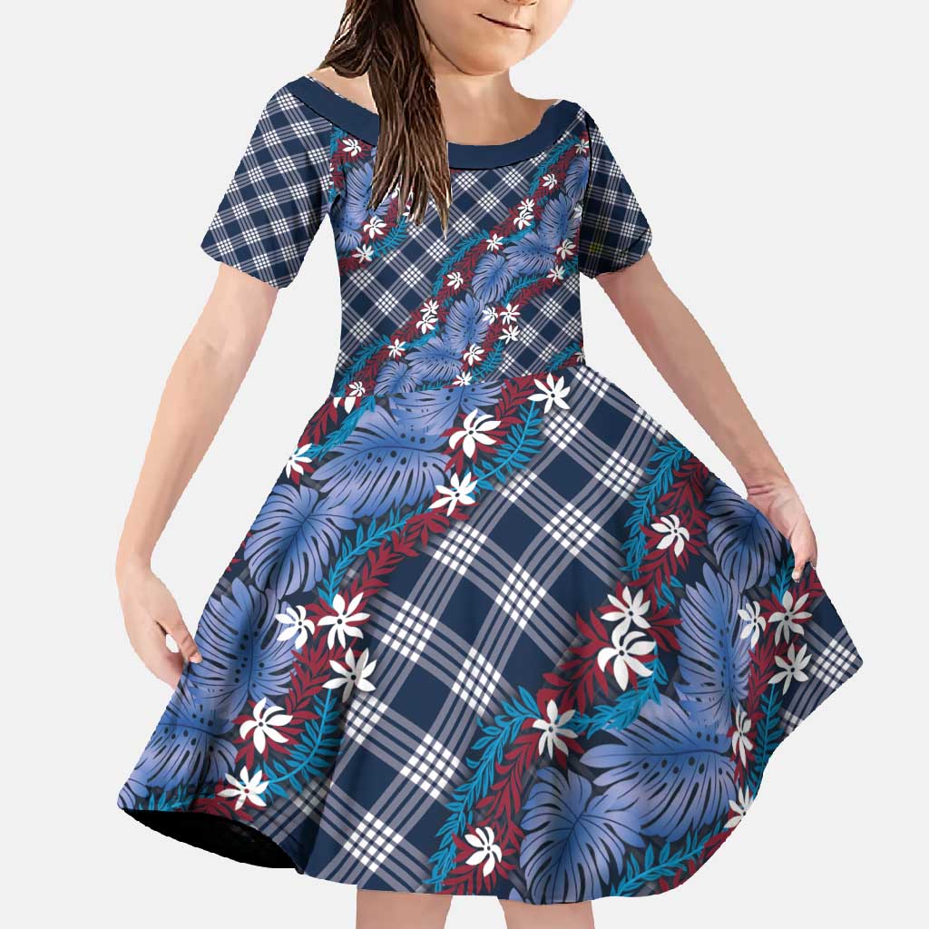 Polynesian Monstera Tiare Floral Family Matching Off Shoulder Maxi Dress and Hawaiian Shirt Royal Blue Tropical Plaid LT01 Daughter's Dress Blue - Polynesian Pride