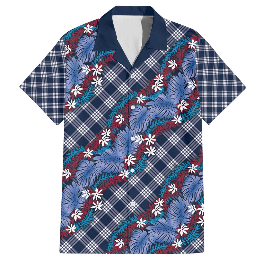Polynesian Monstera Tiare Floral Family Matching Off Shoulder Maxi Dress and Hawaiian Shirt Royal Blue Tropical Plaid LT01 Dad's Shirt - Short Sleeve Blue - Polynesian Pride