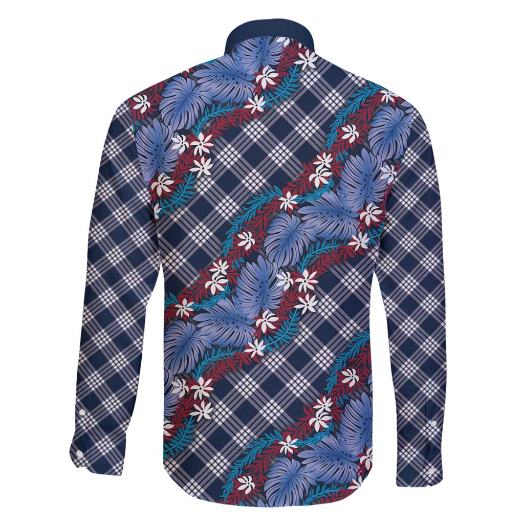 Polynesian Monstera Tiare Floral Family Matching Off Shoulder Maxi Dress and Hawaiian Shirt Royal Blue Tropical Plaid LT01 - Polynesian Pride