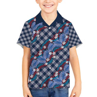 Polynesian Monstera Tiare Floral Family Matching Off Shoulder Maxi Dress and Hawaiian Shirt Royal Blue Tropical Plaid LT01 Son's Shirt Blue - Polynesian Pride