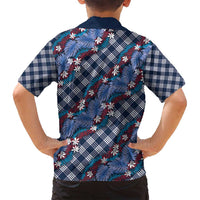 Polynesian Monstera Tiare Floral Family Matching Off Shoulder Short Dress and Hawaiian Shirt Royal Blue Tropical Plaid LT01 - Polynesian Pride