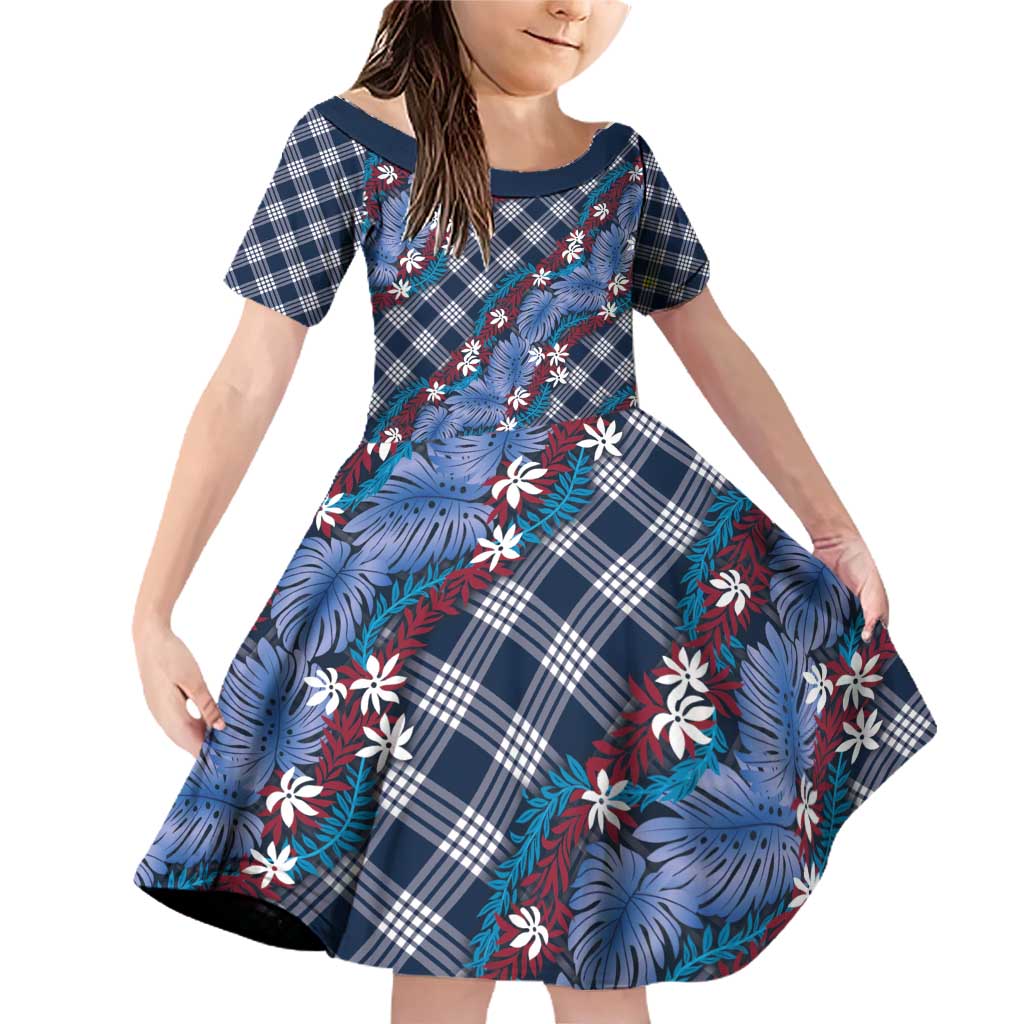 Polynesian Monstera Tiare Floral Family Matching Off Shoulder Short Dress and Hawaiian Shirt Royal Blue Tropical Plaid LT01 Daughter's Dress Blue - Polynesian Pride