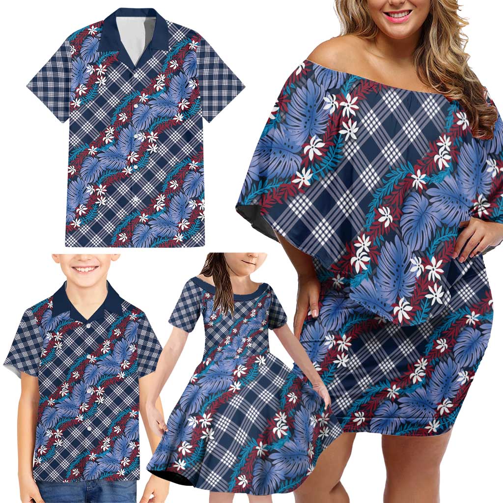 Polynesian Monstera Tiare Floral Family Matching Off Shoulder Short Dress and Hawaiian Shirt Royal Blue Tropical Plaid LT01 - Polynesian Pride