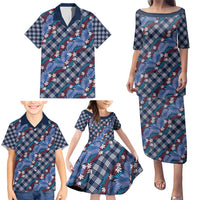 Polynesian Monstera Tiare Floral Family Matching Puletasi and Hawaiian Shirt Royal Blue Tropical Plaid LT01 - Polynesian Pride