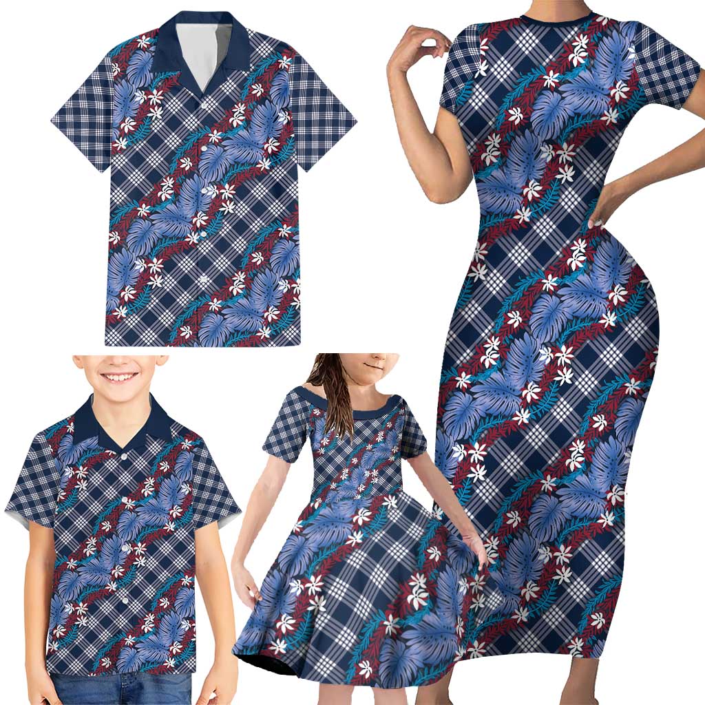 Polynesian Monstera Tiare Floral Family Matching Short Sleeve Bodycon Dress and Hawaiian Shirt Royal Blue Tropical Plaid LT01 - Polynesian Pride