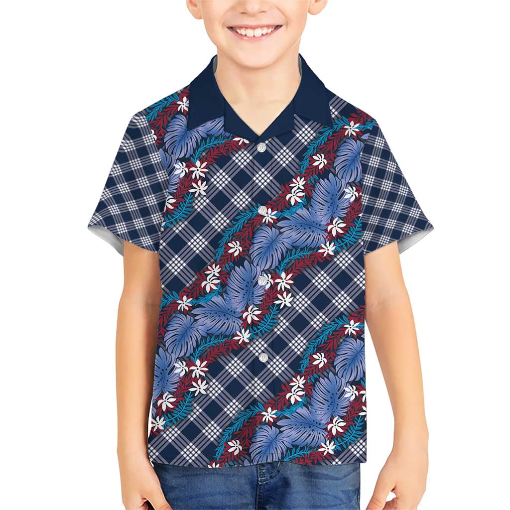 Polynesian Monstera Tiare Floral Family Matching Short Sleeve Bodycon Dress and Hawaiian Shirt Royal Blue Tropical Plaid LT01 Son's Shirt Blue - Polynesian Pride