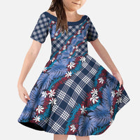 Polynesian Monstera Tiare Floral Family Matching Summer Maxi Dress and Hawaiian Shirt Royal Blue Tropical Plaid LT01 Daughter's Dress Blue - Polynesian Pride