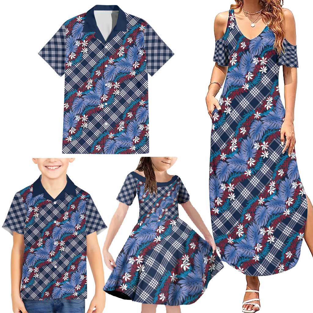 Polynesian Monstera Tiare Floral Family Matching Summer Maxi Dress and Hawaiian Shirt Royal Blue Tropical Plaid LT01 - Polynesian Pride