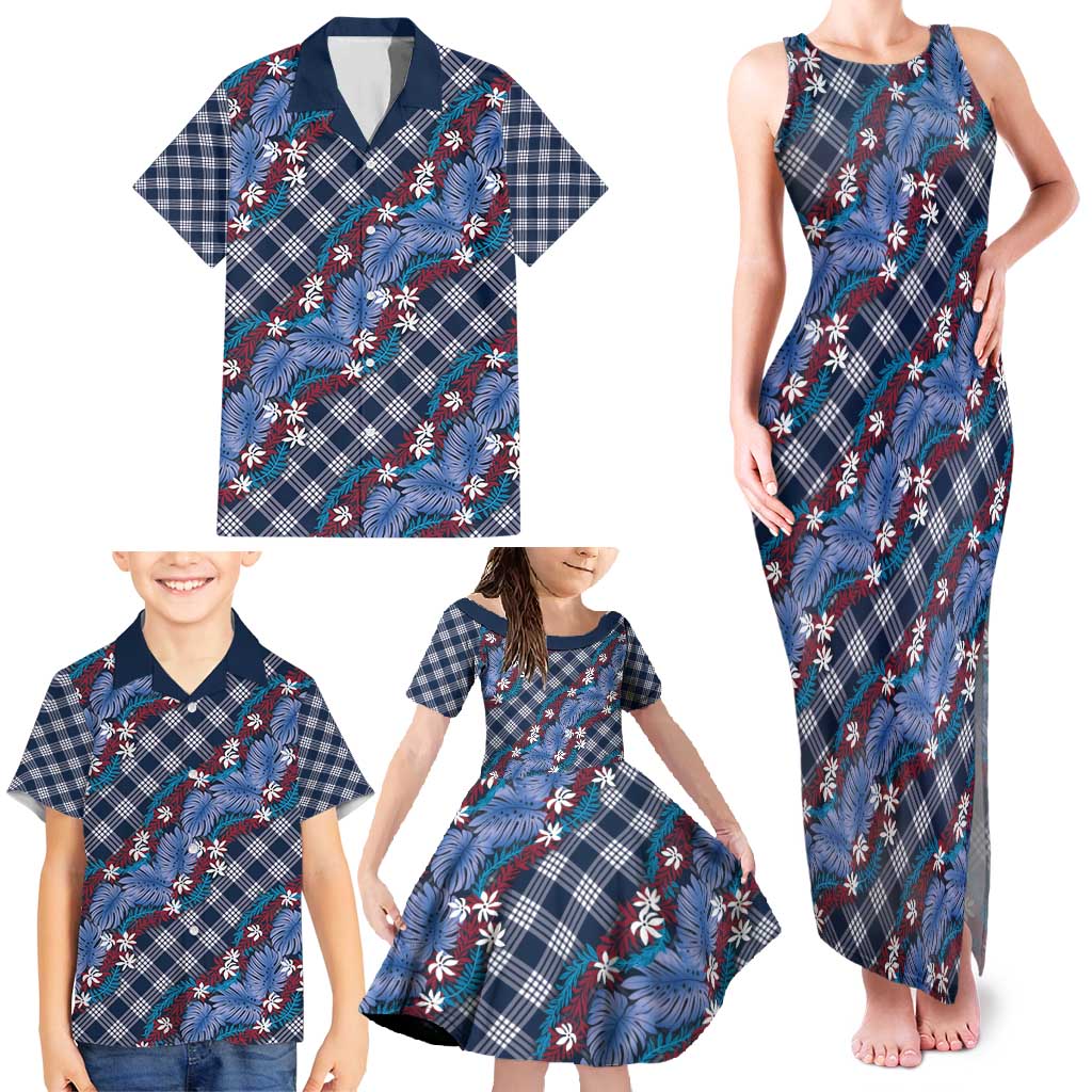 Polynesian Monstera Tiare Floral Family Matching Tank Maxi Dress and Hawaiian Shirt Royal Blue Tropical Plaid LT01 - Polynesian Pride