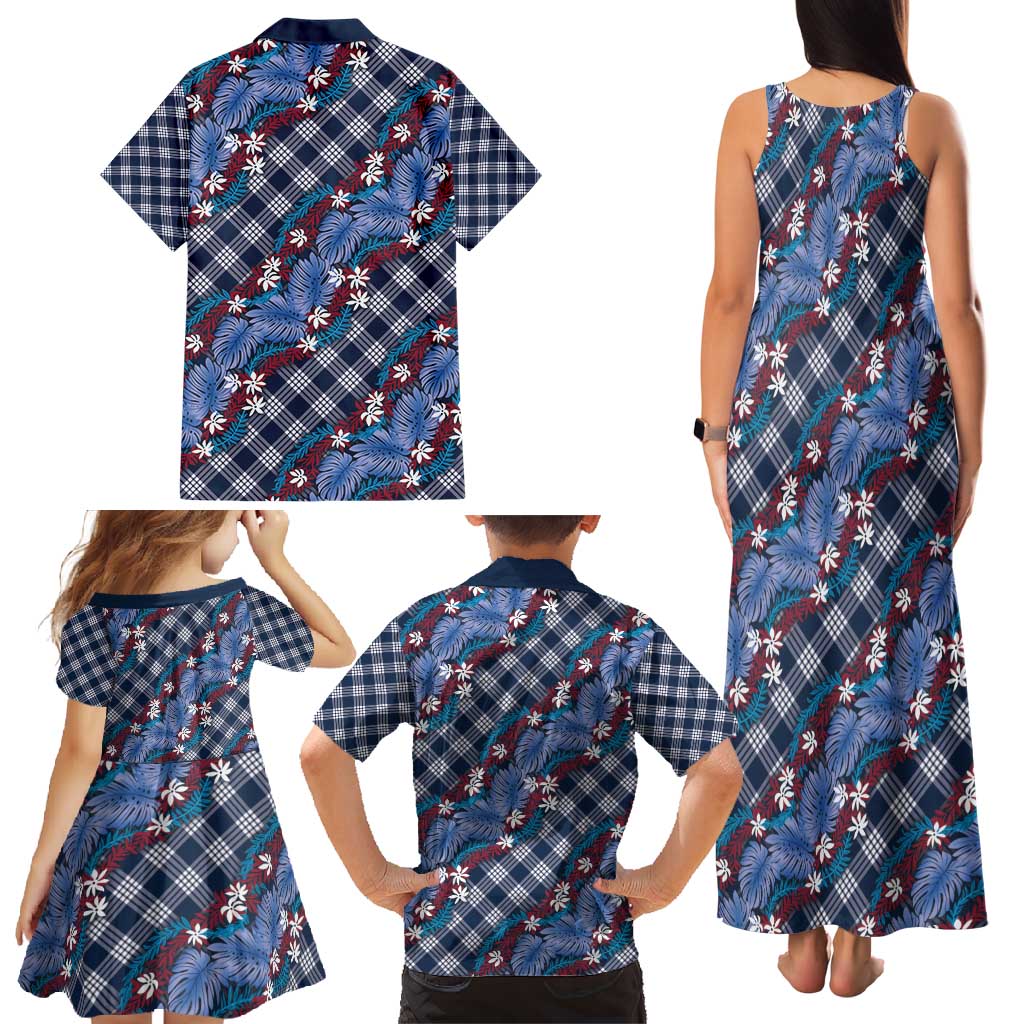 Polynesian Monstera Tiare Floral Family Matching Tank Maxi Dress and Hawaiian Shirt Royal Blue Tropical Plaid LT01 - Polynesian Pride