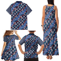Polynesian Monstera Tiare Floral Family Matching Tank Maxi Dress and Hawaiian Shirt Royal Blue Tropical Plaid LT01 - Polynesian Pride